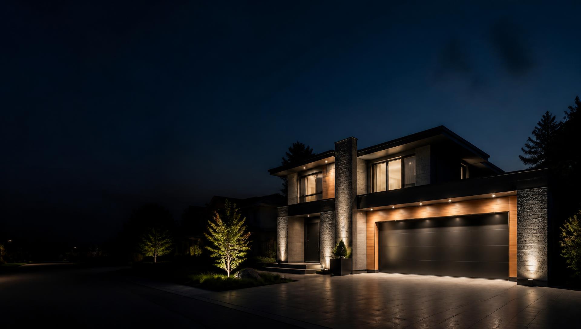 Maison contemporaine éclairée le soir avec une porte de garage sectionnelle moderne